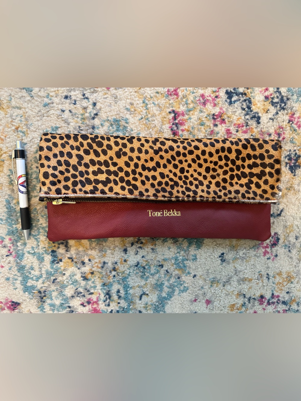 Tone Bekka Slim Leather & Animal Print Zip Pouch - Burgundy & Leopard